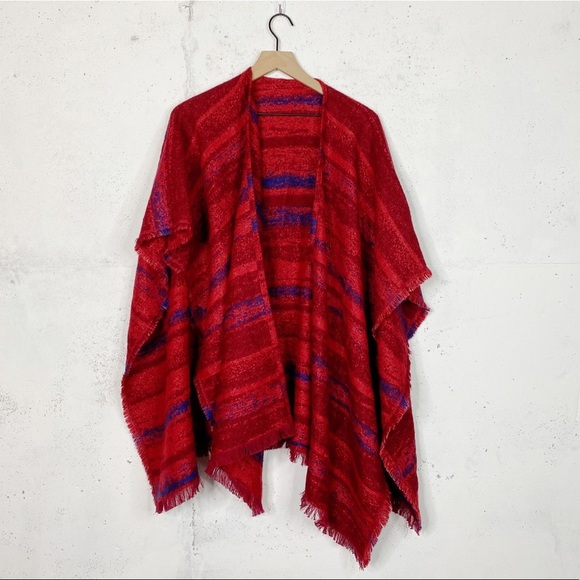 Lucky Brand Oversize Red Blue Plaid Shawl Poncho - Picture 1 of 4